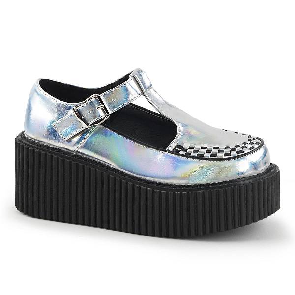 Demonia Women's Creeper-214 Platform Creeper Shoes - Silver Hologram D7968-51US Clearance